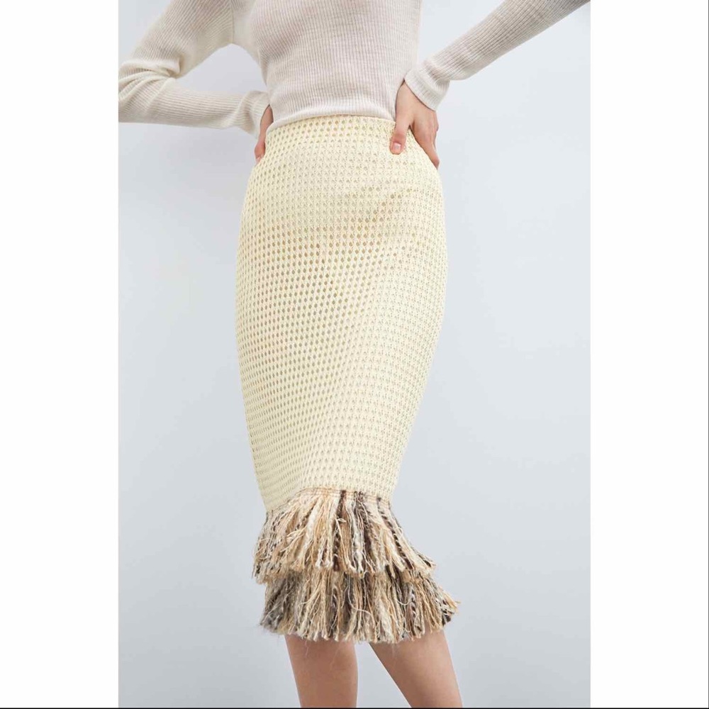 NWT Zara Crochet Fringe Midi Skirt Cream Brown